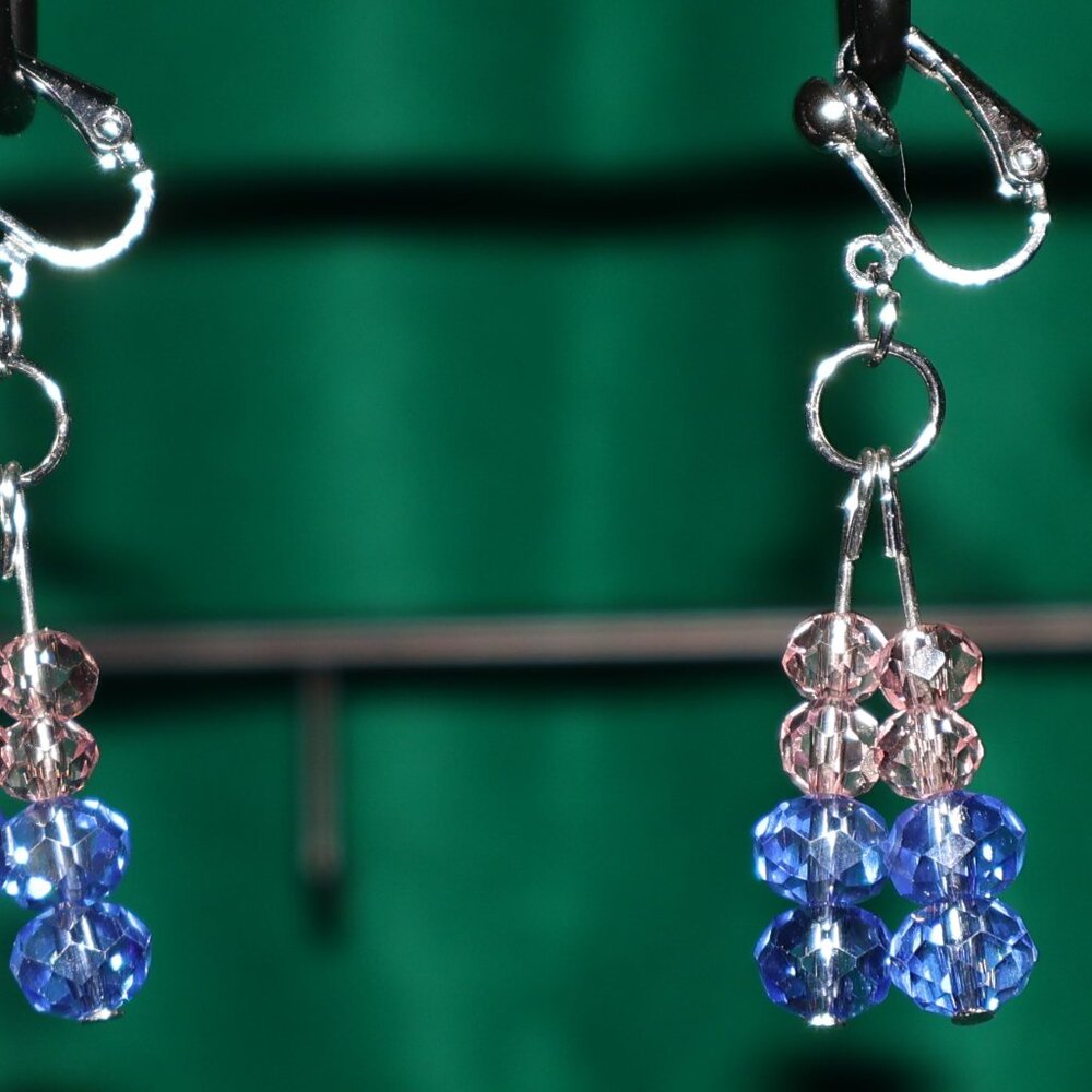 Handmade Clip-On Earrings - 16 BEAUTIFUL Pink/Blue Round Crystal Beads - COJ 65 - Picture 2 of 2